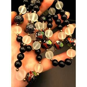 Vintage Estate Black Cloisonne, Onyx and Glass Bead Necklace